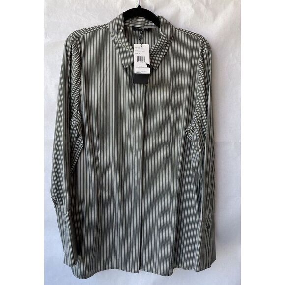 Lafayette 148 New York Blouse Green Striped Jake Cotton Button Down Shirt XL - Picture 2 of 12